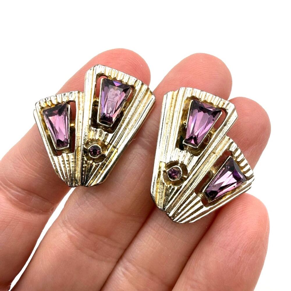 Vintage Claudette Art Deco Style Fan Earrings Purple Rhinestone Silver Tone Clip